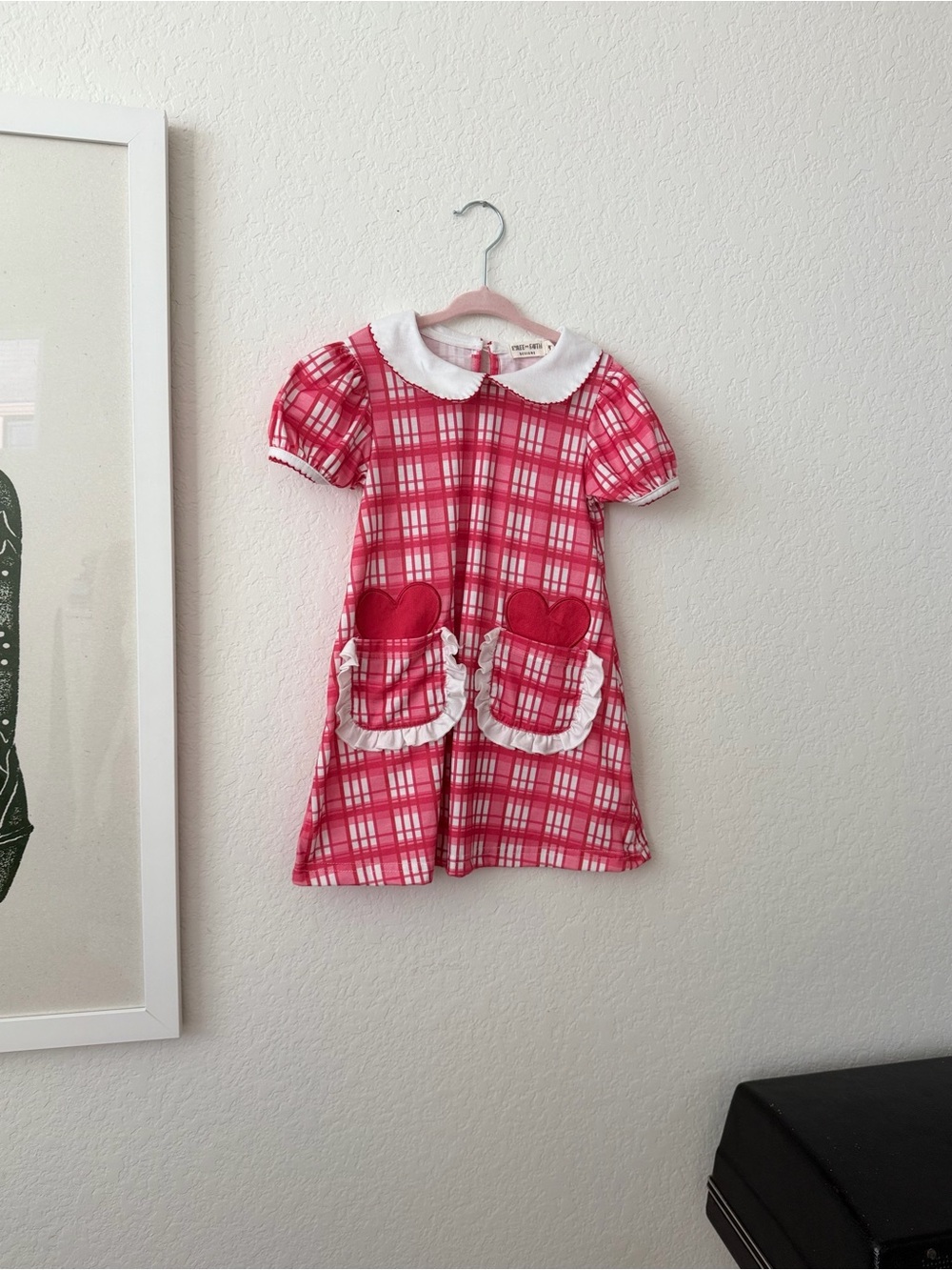 Pink Plaid Peter Pan Collar Kids Dress with Heart Pockets